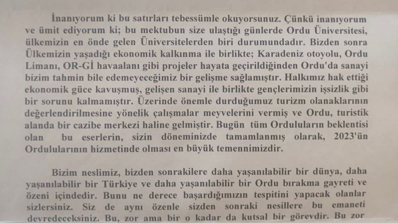 Eski Ordu Valisi Yazıcıoğlu'nun 21 yıl önce yazdığı mektup, Vali Erol'a teslim edildi