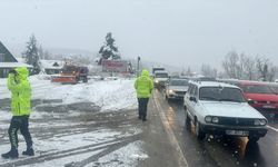 Kar yağışının etkili olduğu Bolu Dağı'nda arızalanan tır ulaşımı aksattı