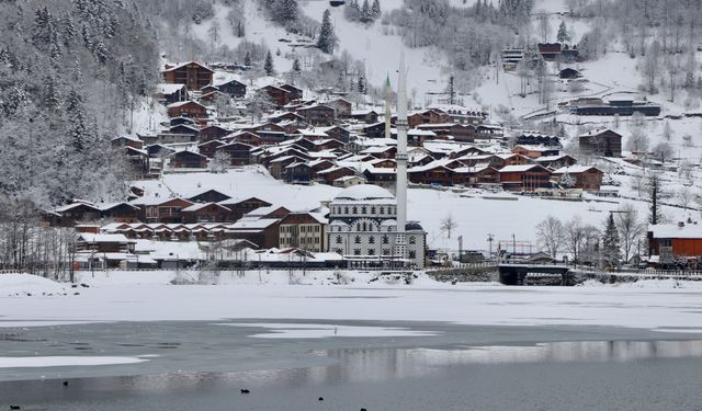 Uzungöl'ün yüzeyi buz tuttu