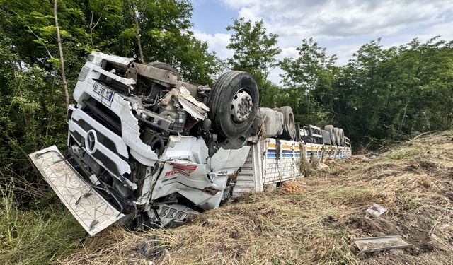 Anadolu Otoyolu'nun Düzce kesiminde şarampole devrilen tırdaki 2 kişi yaralandı