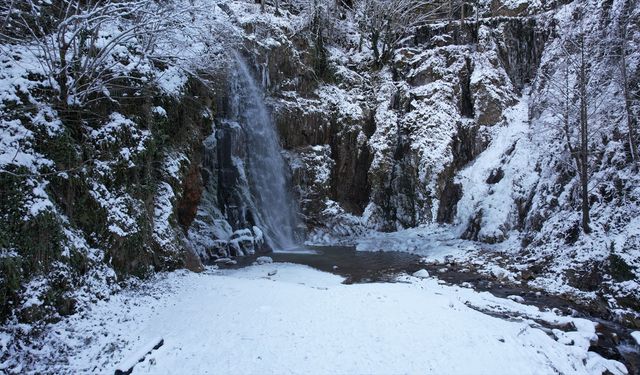 Gümüşhane'deki Çağlayandibi Şelalesi Tabiat Parkı beyaza büründü
