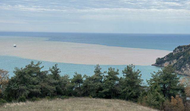 Bartın'da ırmağın taşıdığı çamurlu suyla denizin rengi değişti
