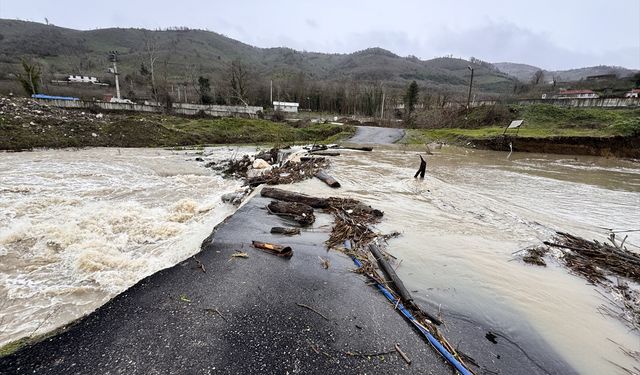 Düzce'de sağanakla su seviyesi yükselen çay köy yolunu ulaşıma kapadı