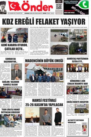 Ereğli Önder Gazetesi - 20.11.2023 Manşeti